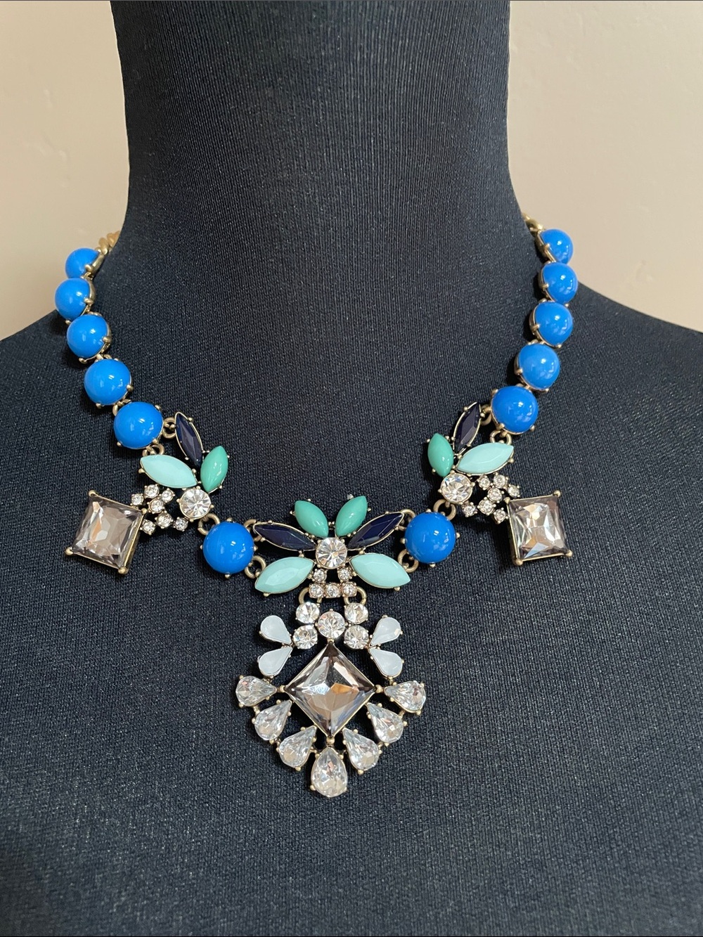 J Crew Statement Blue and Mint Crystal Bib Necklace